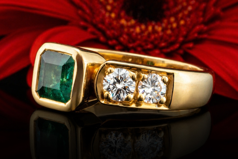 Klassischer Ring mit farbintensivem Smaragd und Diamanten in 750er Gold 