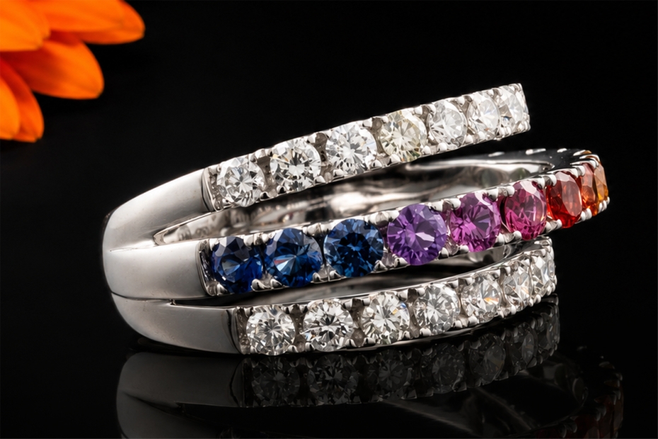 Regenbogen Ring Offenes Design Bunte Saphire und Diamanten Weißgold 750 