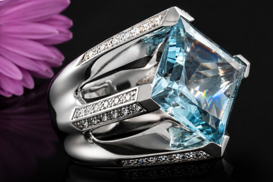 Großer Ring mit Princess Aquamarin und Diamanten in Weißgold Handarbeit 