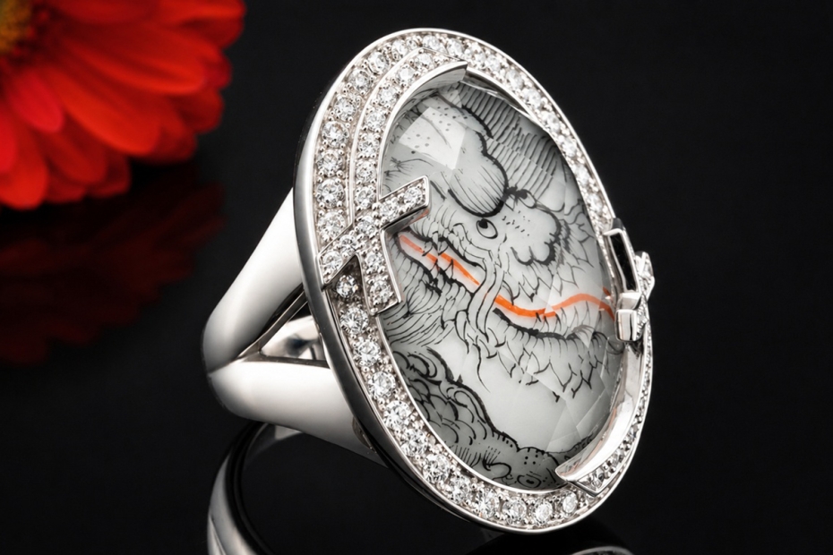 Meissen Ring Mystery Ming Drache Bemaltes Porzellan Weißgold Handarbeit 