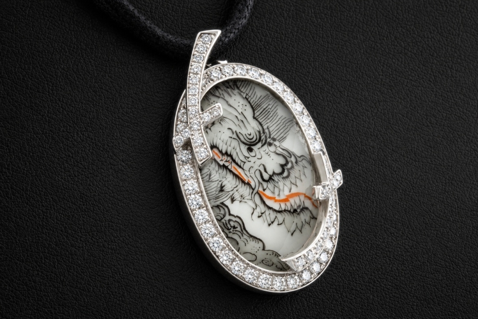 Meissen Collier Mystery Ming Drache Bemaltes Porzellan Weißgold Anhänger 