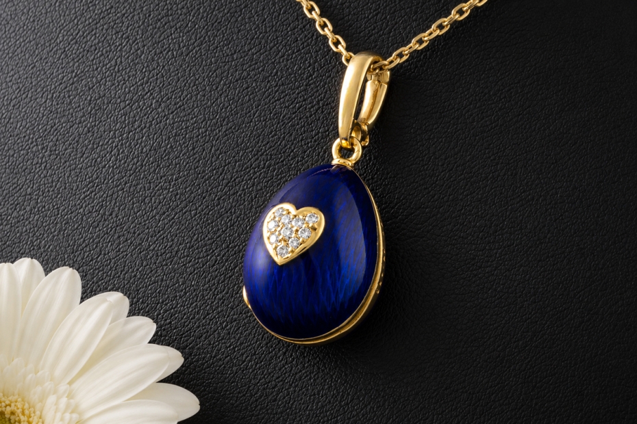 Fabergé Anhänger Gold Ei-Medaillon Herz Versteck Diamanten Emaille Blau 