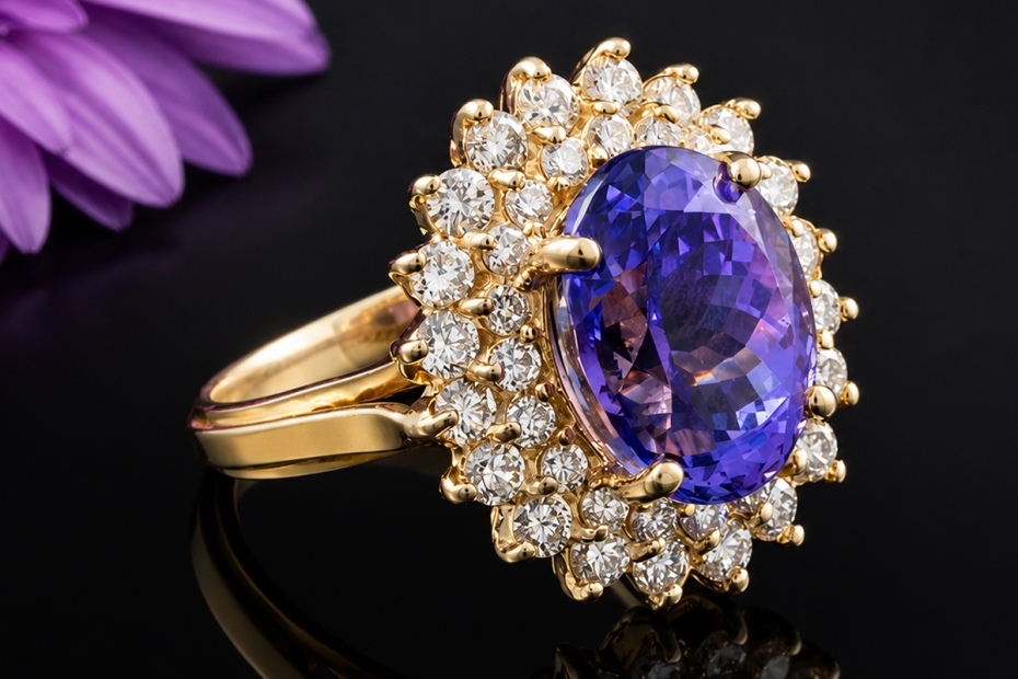 Entouragering Amethyst Cocktailring mit Diamanten in Gelbgold Handarbeit 
