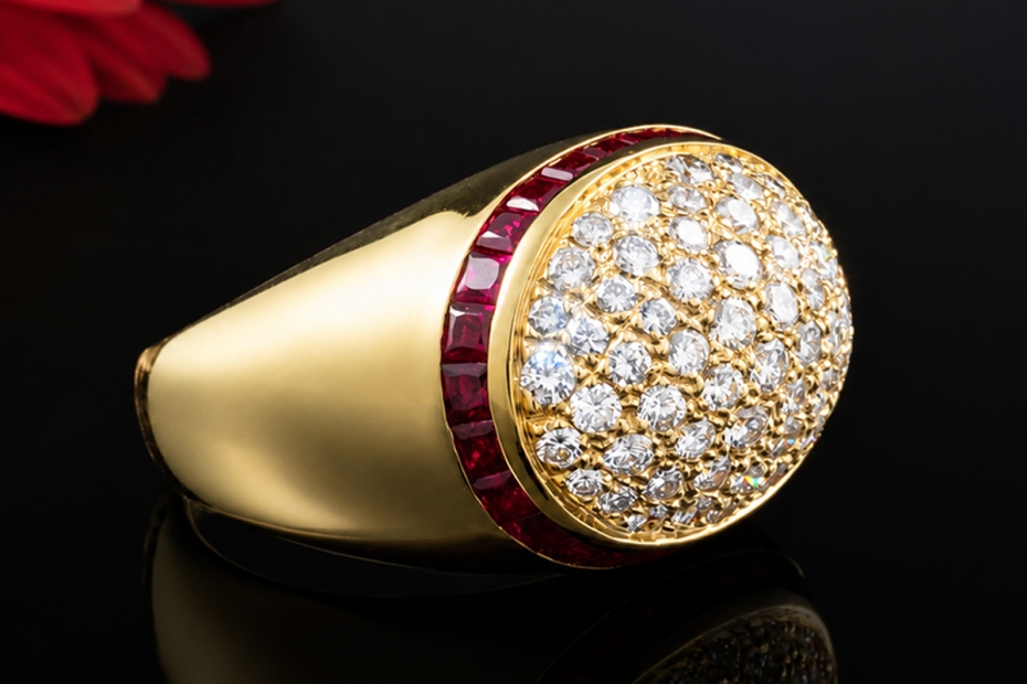 Ovaler Pavé Diamant Ring mit Rubinbesatz Gelbgold 750 Goldschmiedearbeit 