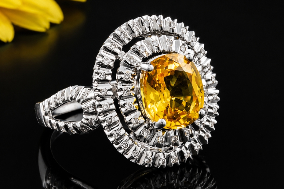 Cocktailring Gelber Saphir mit Diamanten Ring in Weißgold 750 Handarbeit 