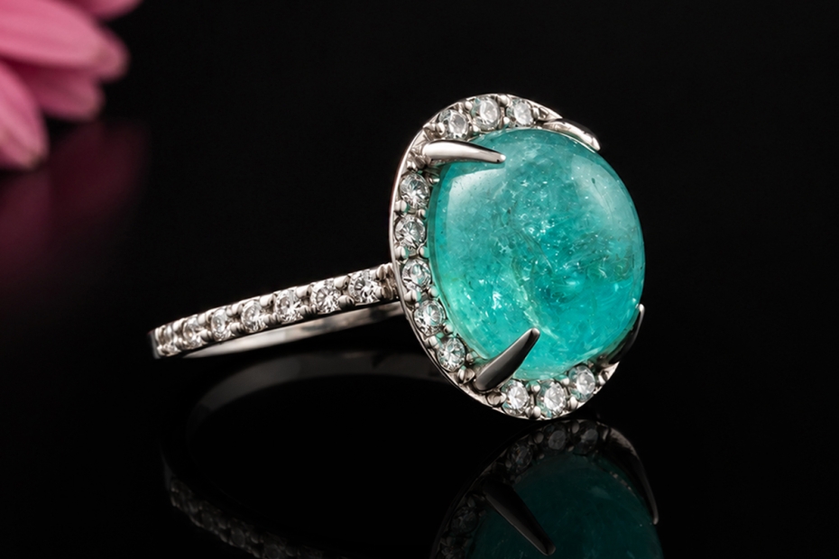 Ring mit Paraiba Turmalin Cabochon 5 Ct. und Diamanten in 750er Weißgold 