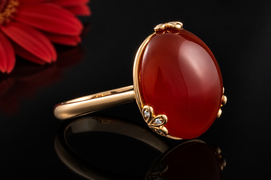 Großer runder Karneol Ring Rot mit Diamanten in Gelbgold 750 Handarbeit 