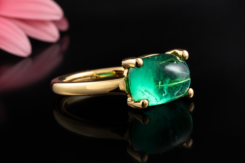 Smaragd Cabochon Ring Klassische Handarbeit modern in 750er Gelbgold 