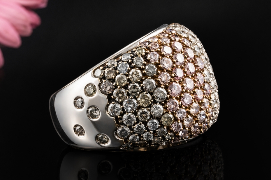 Massiver Designer Ring mit farbigem Diamant-Pavé in Weißgold 750 Arbeit 