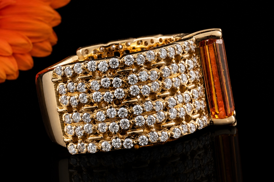 Hollfelder Creations Ring Mandarin Granat und Diamanten in Gelbgold 750 