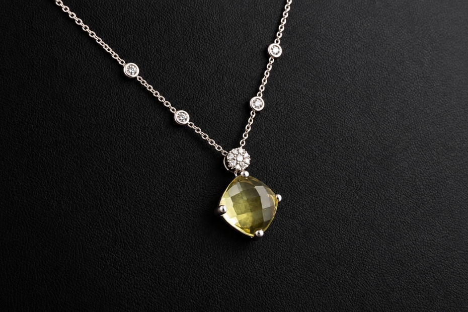 Gress-Rinck Collier Lemon-Citrin und Diamanten 750er Weißgold Handarbeit 