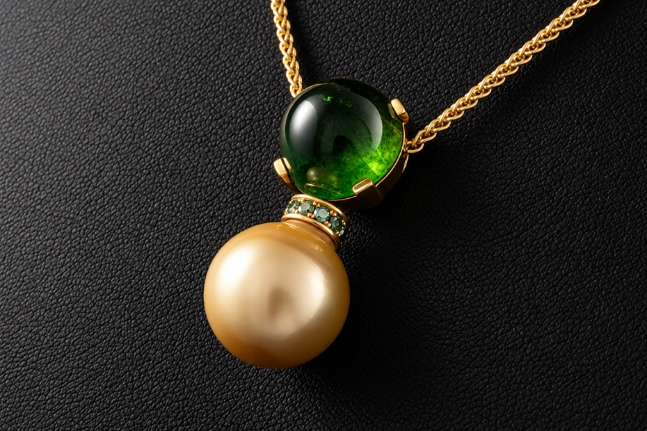 Collier mit Fidschi Perle Grüner Turmalin und Diamanten in Gelbgold 750 