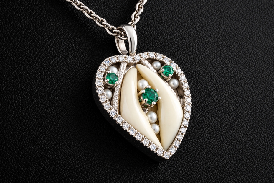Traditionelles Jagdschmuck Collier Hollfelder Fuchszahnherz in Weißgold 