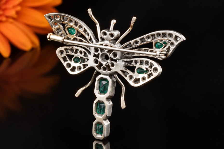 Antike Brosche Libelle Gold Smaragde Rubine Altschliff Diamanten um 1900 