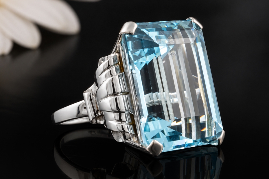 Großer Cocktailring 30 Carat Aquamarin im Emerald Cut in 558er Weißgold 