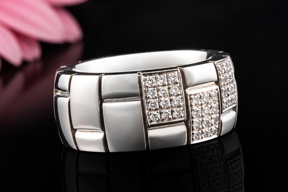 A. Odenwald Ring mit Diamanten Geometrisches Mosaik-Design Weißgold 750 