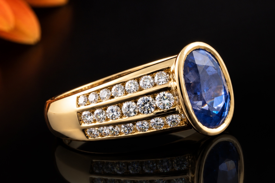 Ovaler Saphir Ring mit Diamanten in 750er Gelbgold Goldschmiedearbeit 