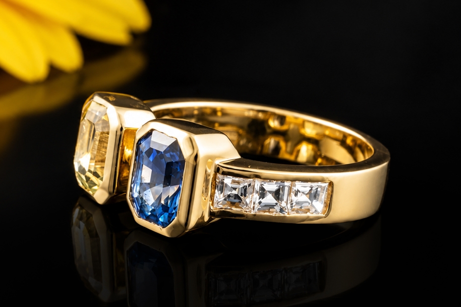 Toi et Moi Ring 2 Saphire Blau und Gelb mit Diamanten in 750er Gelbgold 