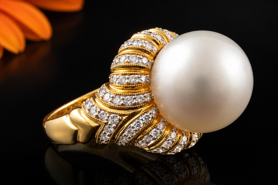 Prachtvoller Cocktailring mit Südseeperle und Diamanten in Gelbgold 750 