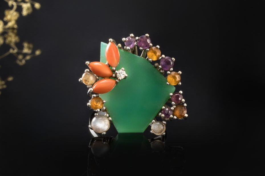 Chrysopras Ring Diamant Koralle Amethyst Citrin Mondstein 750er Weißgold 