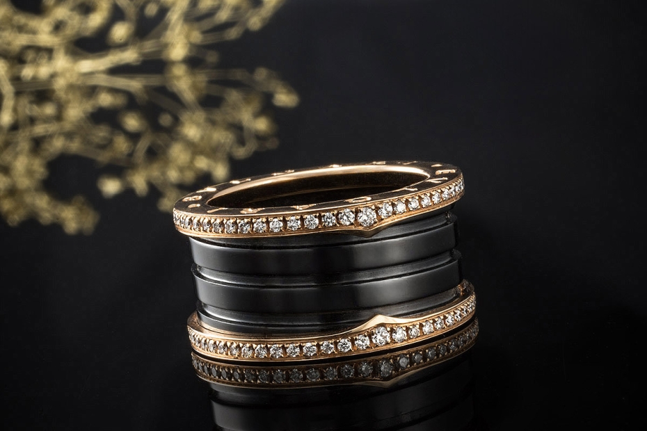 BVLGARI B.zero1 4-Band Ring Schwarze Keramik Diamanten 750er Roségold 57 