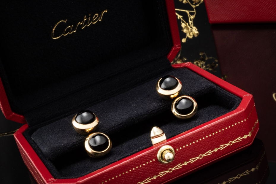 Cartier Manschettenknöpfe mit Onyx Kugeln Schwarz Gelbgold 750 Full Set 