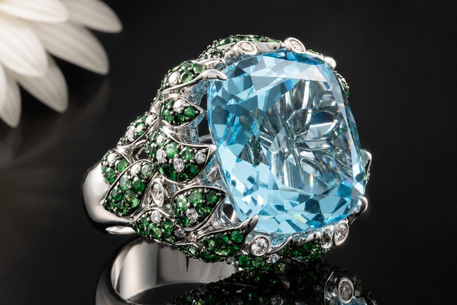 Cocktailring Blätterkranz Blauer Topas Tsavorit Diamanten 750er Weißgold 