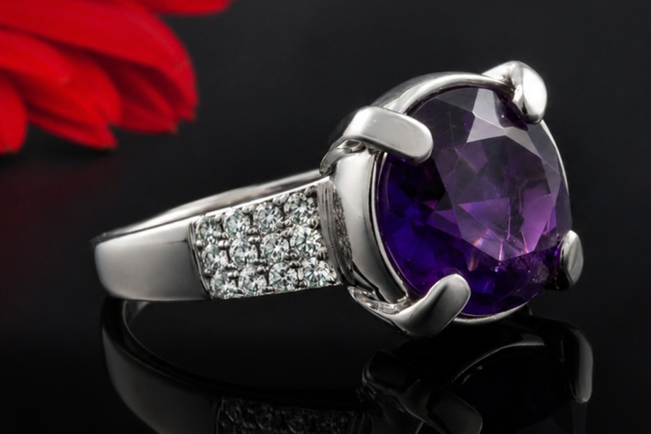 Hollfelder Ring mit facettiertem Amethyst und Diamanten in Weißgold 750 