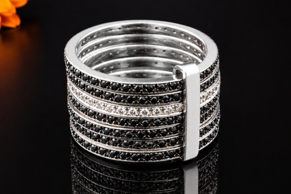 Hollfelder Weißgold Ring stapelbar Memoire Stil Diamanten Schwarz Weiß 