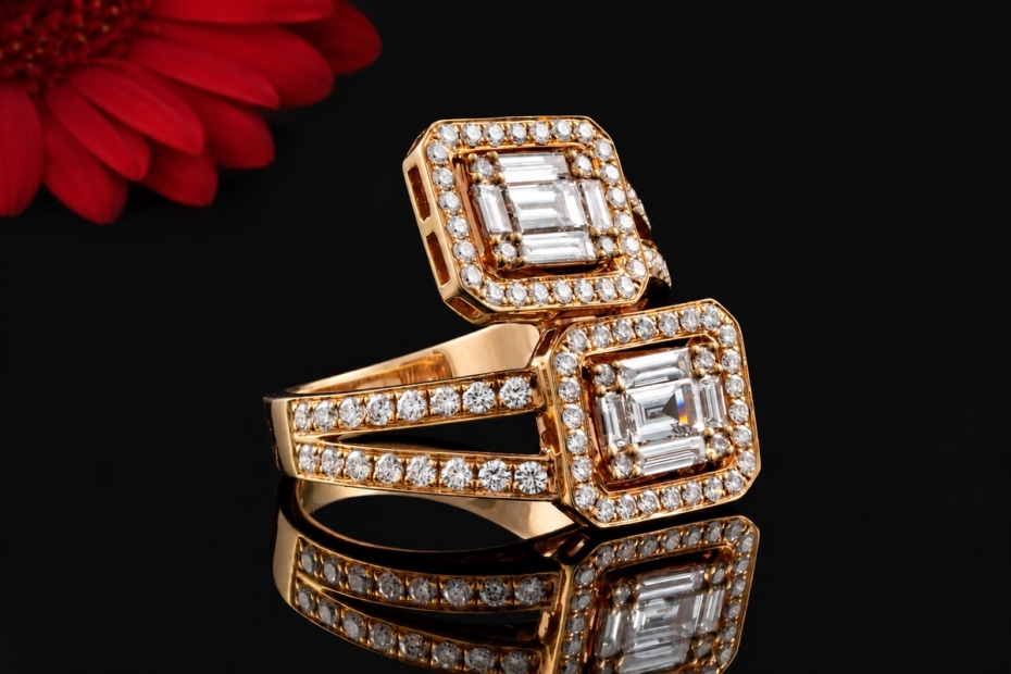 Double Baguette Ring eckig mit Diamanten und Brillanten in Roségold 750 
