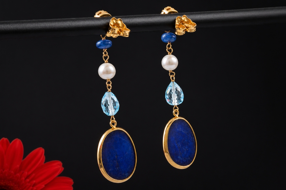 Lange Zoccai Ohrringe Ohrhänger Blau Aquamarin Perle Diamant in Roségold 