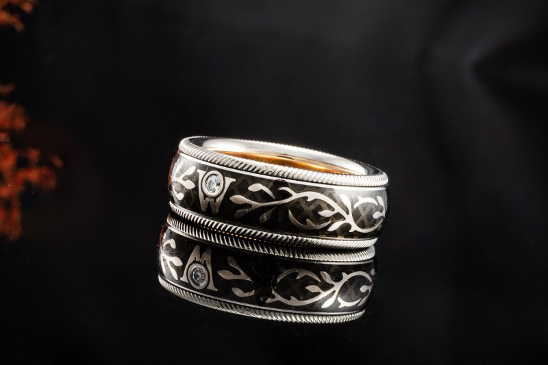 Wellendorff Ring Drehring Schwarze Seide Diamant 750er Weißgold Gr. 51,5 