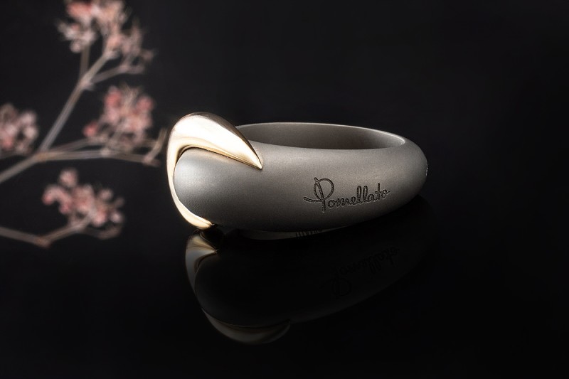 Pomellato Ring Titanio Graue Titan Arbeit Schwung in 750er Gold Größe 53 