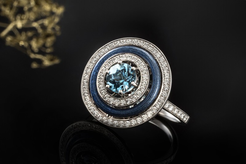 Victor Mayer Ring Aquamarin Emaille Blau Diamanten in Weißgold Limitiert 