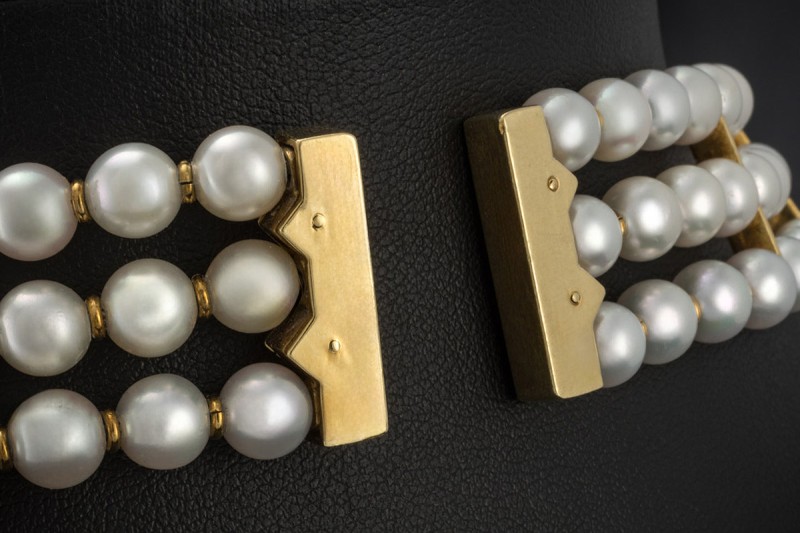 Kropfband Choker Akoya Perlen Diamanten Halsband in Gelbgold 750 Arbeit 