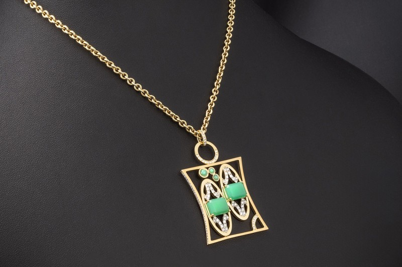 Jazychic Zwillinge Sternzeichen Anhänger Chrysopras Diamanten Gelbgold 