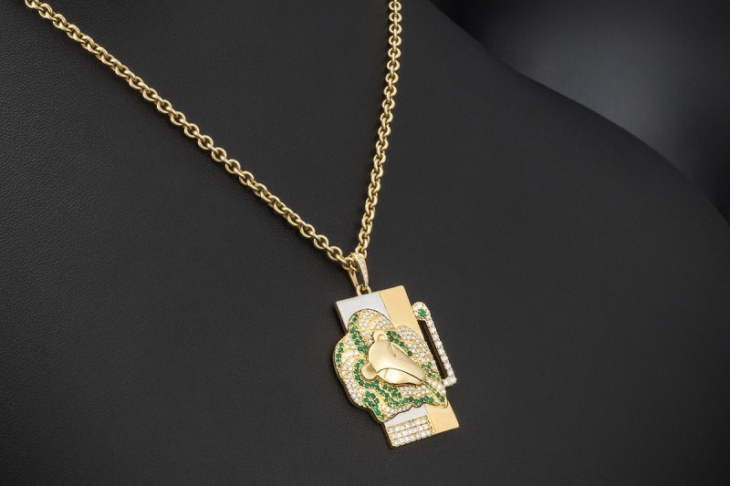 Jazychic Löwe Sternzeichen Anhänger Tsavorit Diamanten Gold Bicolor 750 