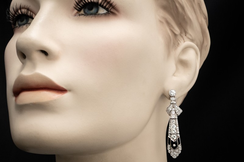 Vintage Art déco Ohrringe Ohrhänger mit Diamanten und Onyx Platin 950 