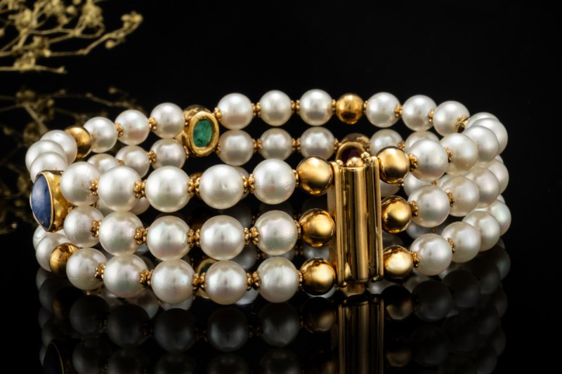 Vintage Perlenarmband Armreif Smaragd Rubin Saphir Cabochon Gelbgold 750 