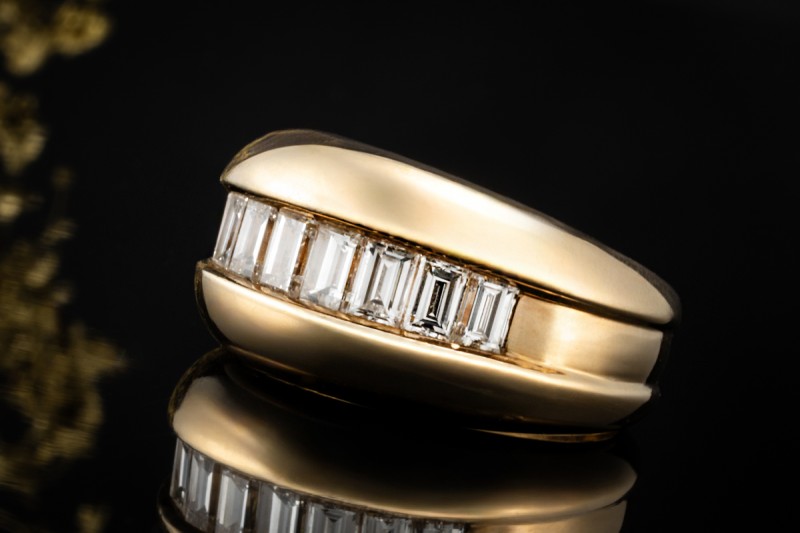 Cartier Baguette Ring Vintage mit Diamanten Halbmemoire in Gelbgold 750 
