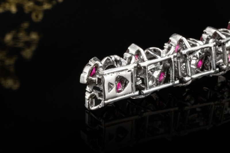 Vintage Armband Marquise Rubine und Altschliff Diamanten in Weißgold 750 