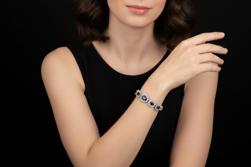 Vintage Saphir Armband Klassisch mit Diamanten mattiert in Weißgold 750 