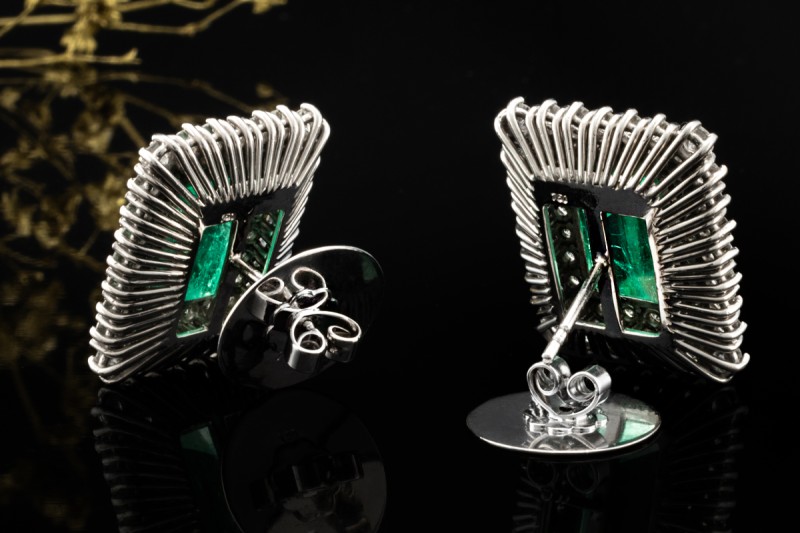 Große Smaragd Ohrringe rechteckig mit Diamanten Weißgold 750 Handarbeit 