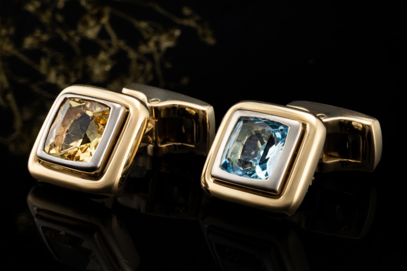 Sanders Manschettenknöpfe Aquamarin Citrin und Diamanten in Gelbgold 750 