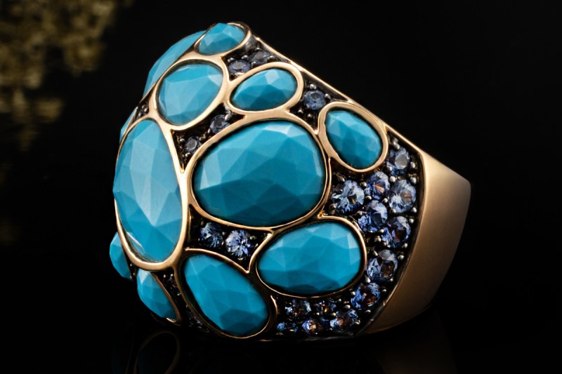 MIMÍ Milano Cocktail Ring Türkis und blauer Amethyst in 750er Roségold 