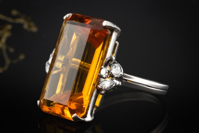 Ring im Art Déco Stil mit Citrin und Diamanten 750er Weißgold Handarbeit 