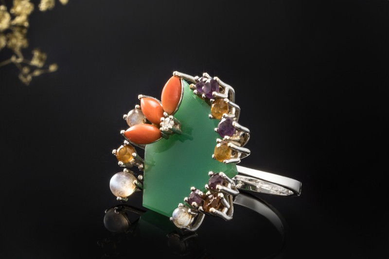 Chrysopras Ring Diamant Koralle Amethyst Citrin Mondstein 750er Weißgold 