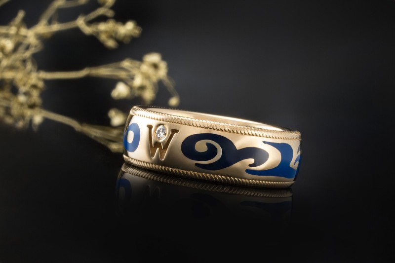 Wellendorff Vintage Ring mit blauer Emaille und Diamant in Gelbgold 750 