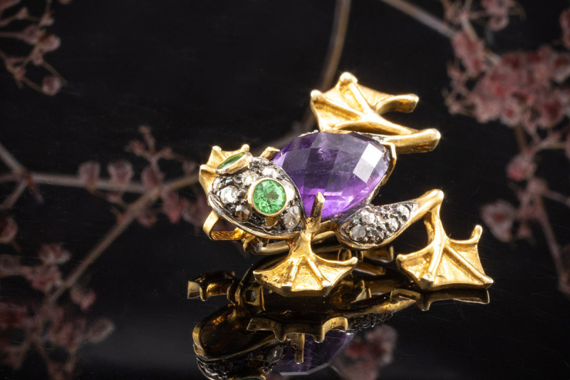 Frosch Brosche Nadel Anhänger Amethyst Diamanten Tsavorit in Gold Silber 