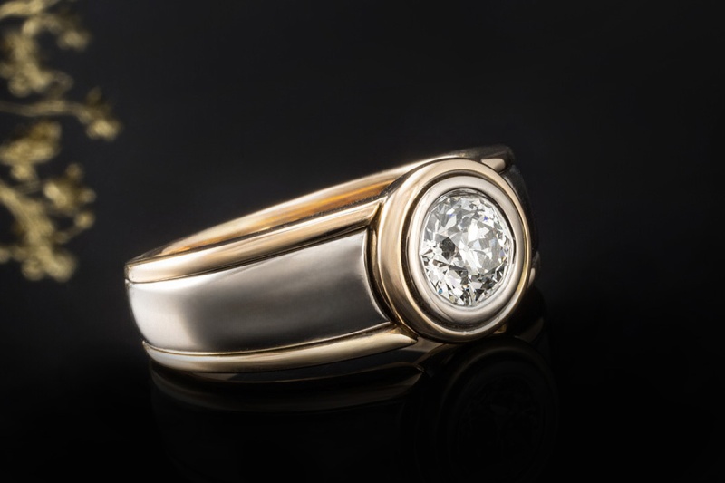 Solitär Ring 1,2 Ct Diamant Altschliff Massive Arbeit 750er Gold Bicolor 